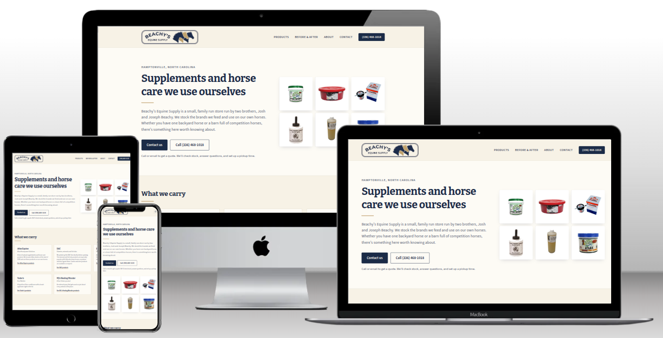 Beachy's Equine Supply website shown on desktop, laptop, tablet, and phone screens