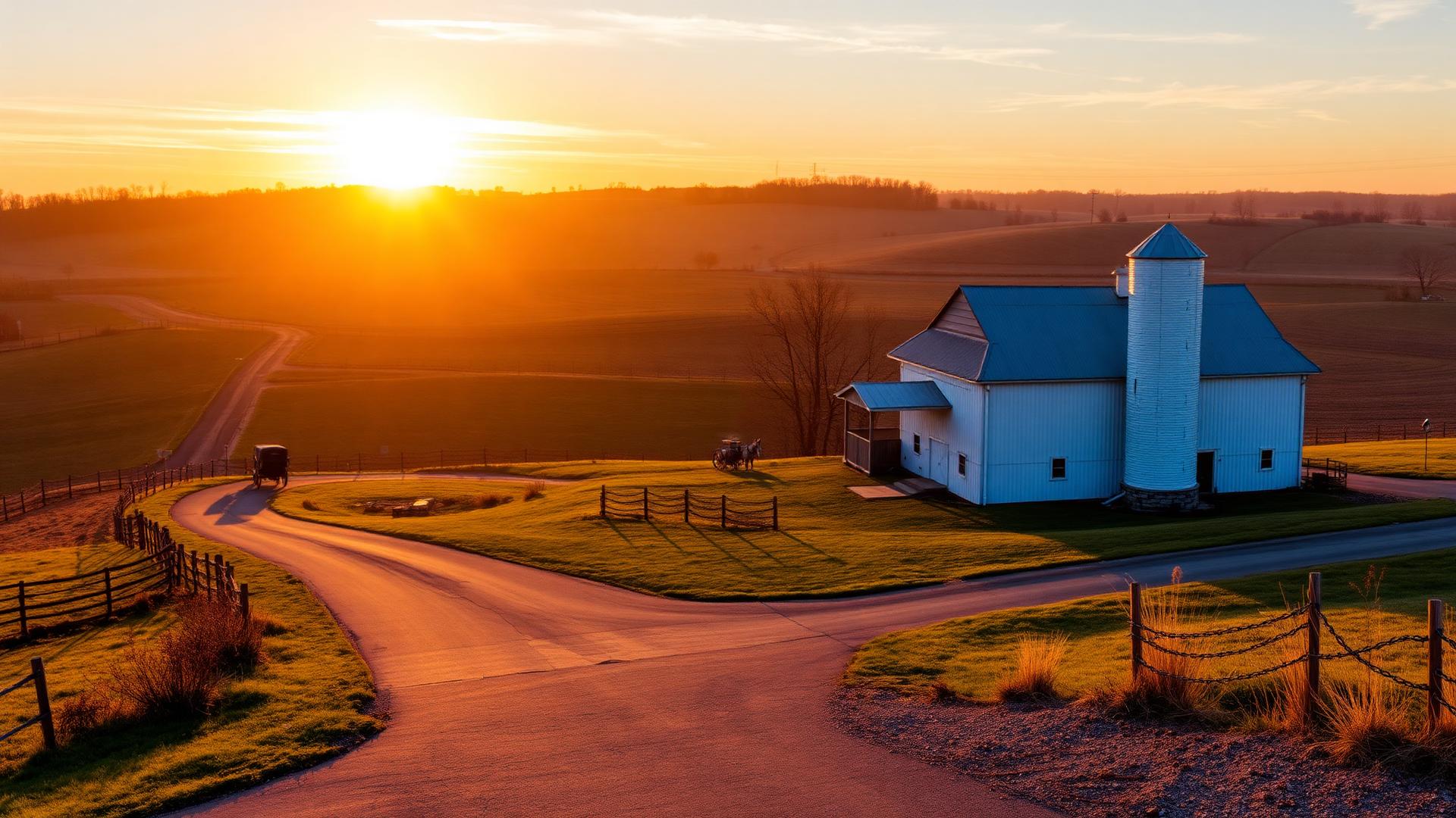 Lancaster County farmland at sunrise with a barn and horse-drawn buggy