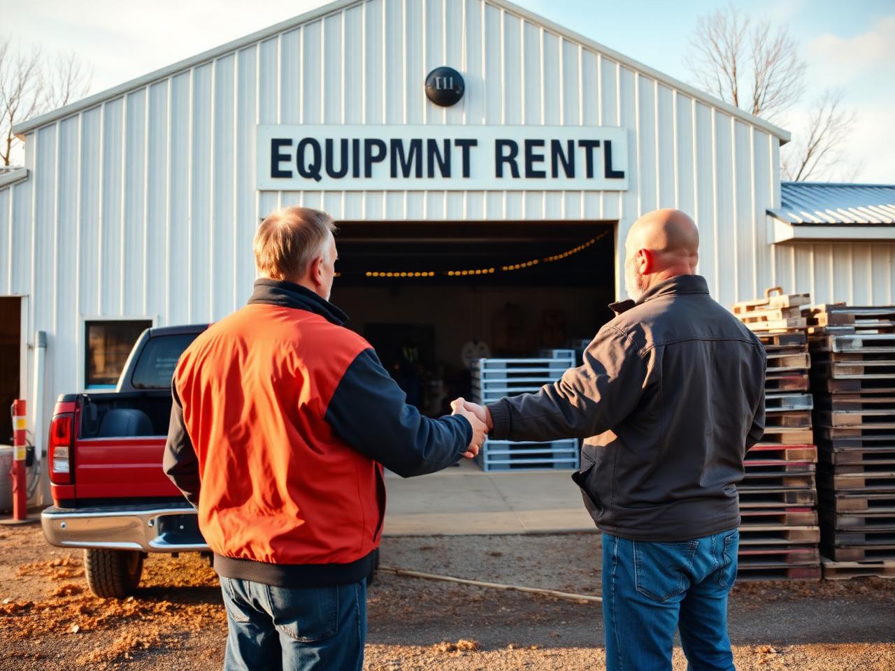 Two business owners shaking hands outside an equipment rental shop
